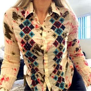 Women’s Tatienne Embroidered Multicolor Button Up Long Sleeve Blouse Top Size S